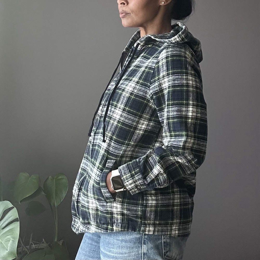 44° North Hooded Shacket Jacket Women's Large Full Zip Cotton Flannel Blue Plaid - Picture 2 of 12